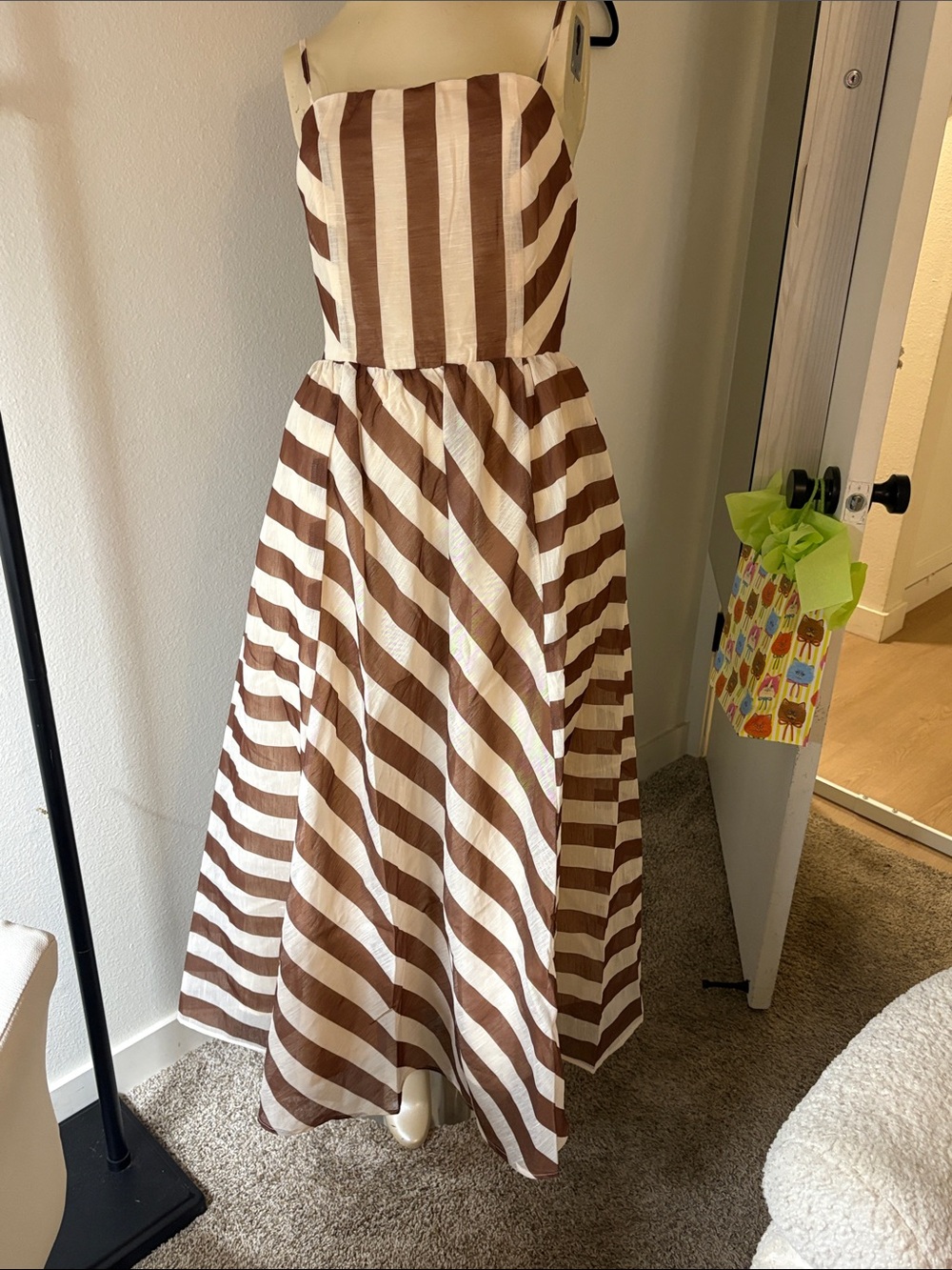 Brown and White Striped A-Line Linen Sundress